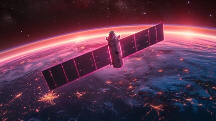 A telecommunication defense satellite in space is receiving military security data via an internet connection. A background modern illustration shows worldwide protection tracking information.