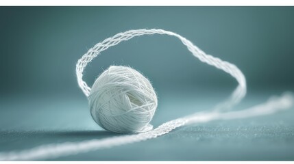   A ball of white yarn sits atop a pristine white tablecloth, neighboring a length of white twine - obrazy, fototapety, plakaty