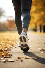 Jogging workout in autumn forest. Vertical photo of a female legs close-up. Woman during jogging workout in an autumn city park. Keeping fit in any age.