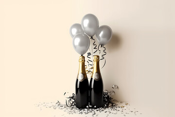 Champagne bottles, gold, silver and black. Celebration at work, party, welcome, success