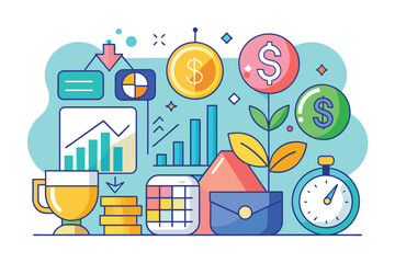 Assorted Items Arranged on Table, Financial diversification plan composition with income symbols, profit accounting, Simple and minimalist flat Vector Illustration