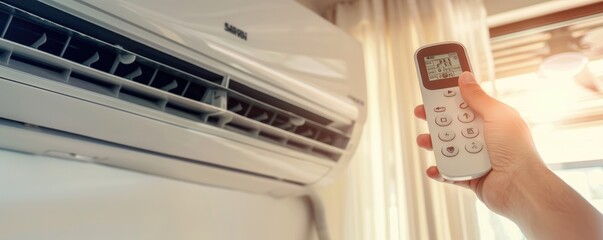 Hand adjusting temperature on an air conditioner with remote control
