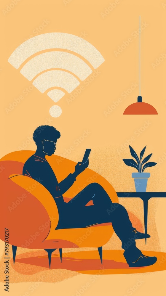 Poster digital connection - man using smartphone at home