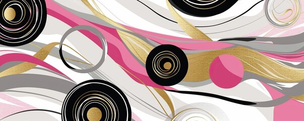 abstract amarat background with thin gold and black and white and pink contours of uneven circles and ovals.