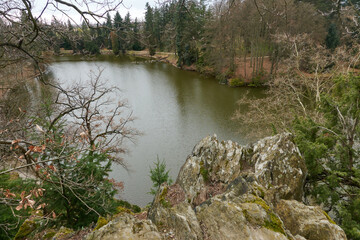 Pruhonice, Czech Republic - March 29, 2024 - the Borin Pond in the Pruhonice Park near Prague at...