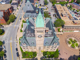 Lowell City Hall and downtown aerial view in historic city center of Lowell, Massachusetts MA, USA.