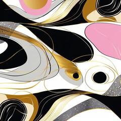 abstract amarat background with thin gold and black and white and pink contours of uneven circles and ovals.