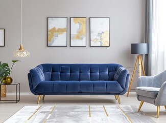 Modern living room with a blue velvet sofa, a grey armchair and gold posters on the wall