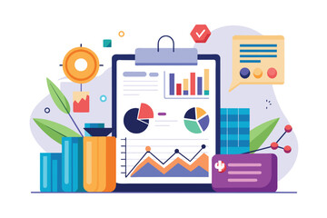 A clipboard displaying a chart is positioned next to a variety of other objects, Financial reports and business graph analysis, Simple and minimalist flat Vector Illustration