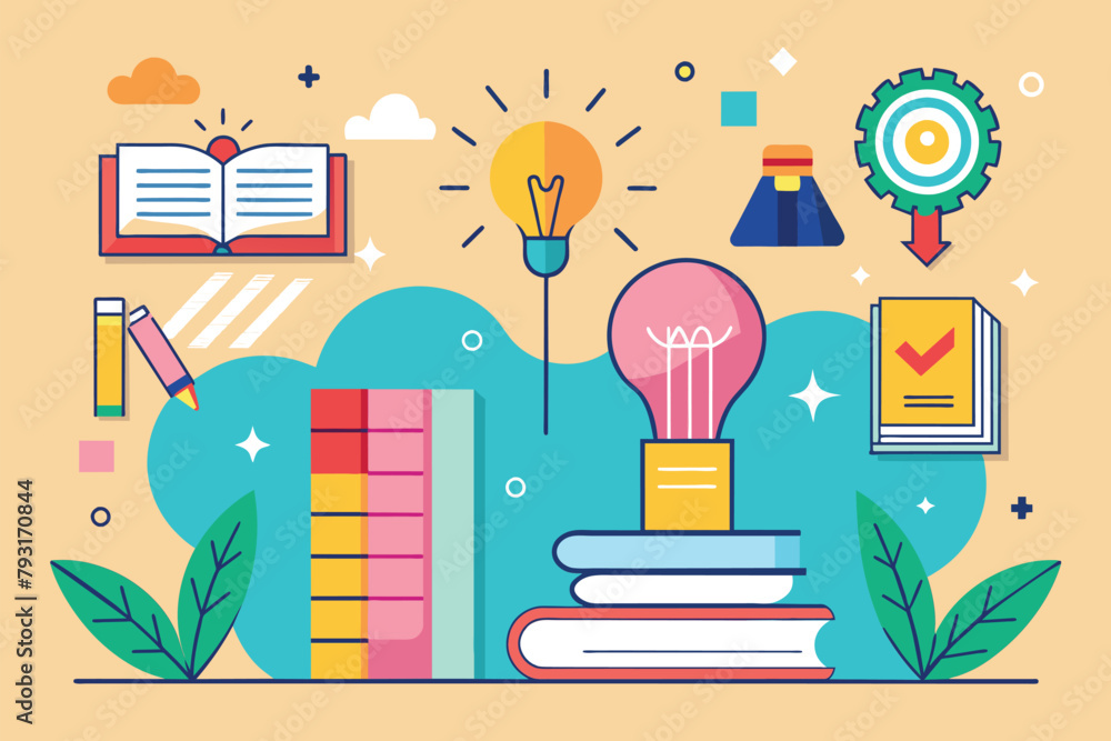 Poster a light bulb placed atop a stack of books representing knowledge and enlightenment, find ideas from 