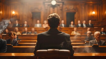 Legal Trial Scene: Public Defender, Male Witness, Judge, Jury, and Lawyers. Concept Courtroom Drama, Legal Proceedings, Justice System, Witness Testimony, Legal Professionals - obrazy, fototapety, plakaty
