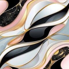 abstract amarat background with thin gold and black and white and pink contours of uneven circles and ovals.