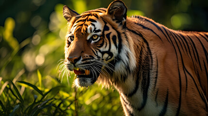 A majestic tiger prowls in the grass
