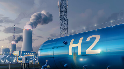Close up of an industrial H2 fuel storage tank with a hydrogen power plant background symbolizing the transition to net zero emissions by 2050 - obrazy, fototapety, plakaty