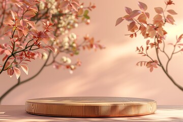 Chic Wooden Podium for Product Display with a Background of Blurry Nature Leaves in a Soft Peach-Toned Art Gallery