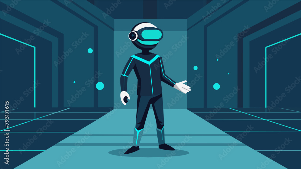 Poster a person standing in an empty room wearing a vr suit and gloves silently navigating a virtual world 