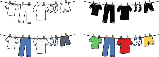 Clothes Line or Clothing Hanging on a Laundry Line Clipart - Outline, Silhouette & Color