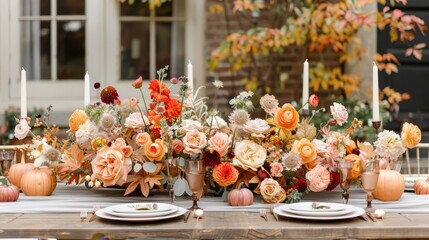   A table laden with flowers and candles, featuring plates in its forefront