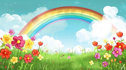 This is an image of a rainbow over a field of flowers. The flowers are mostly red, yellow, and pink. There are clouds in the sky and the sun is shining. - obrazy, fototapety, plakaty