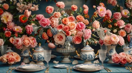   A blue tablecloth covers the table, upon which sits a vase filled with an abundance of pink and orange blossoms