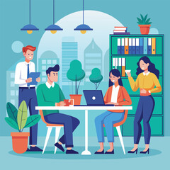Obraz na płótnie Canvas Group of People Working Around Table With Laptops, Flat hand drawn formal people working and discussing indoors, Simple and minimalist flat Vector Illustration