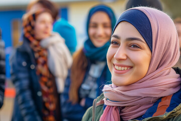 portrait of a young woman in a headscarf in a refugee camp. World Refugee Day. integration into society, world volunteer day