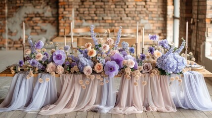   A table adorned with numerous purple and pink blooms stands beside another, draped in white and pink fabric cloths