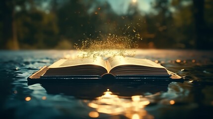 A book floating on the surface of a tranquil pond, its reflection merging with the rippling water like a mirage of infinite wisdom