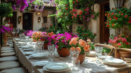 Fototapeta na wymiar A table adorned with vases holding flowers sits opposite one with plates and glasses