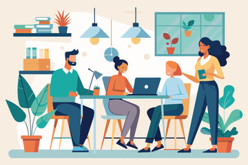 Group of People Working on Laptops at Table, Flat hand drawn formal people working and discussing indoors, Simple and minimalist flat Vector Illustration