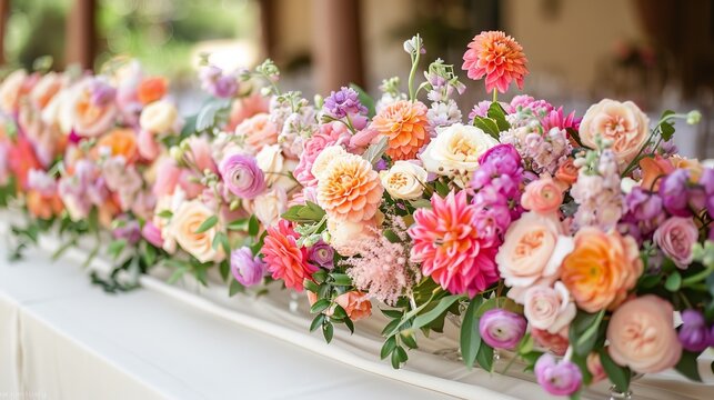   A row of flowers atop a white table Nearby, rows of tables, each adorned with a white tablecloth