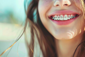 A photo of a beautiful smile of a girl with braces on her teeth. Orthodontic treatment. A healthy smile. Metal braces on the teeth.