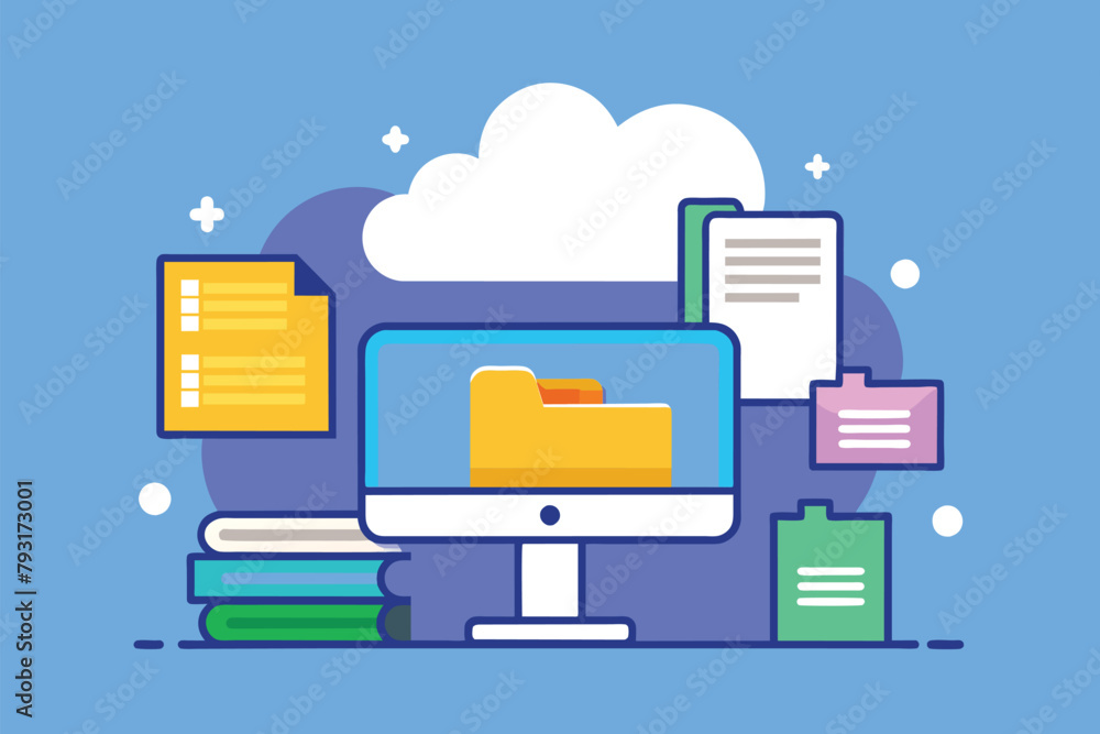 Poster a computer screen displaying information with a cloud icon above it, folder icon set with computer a