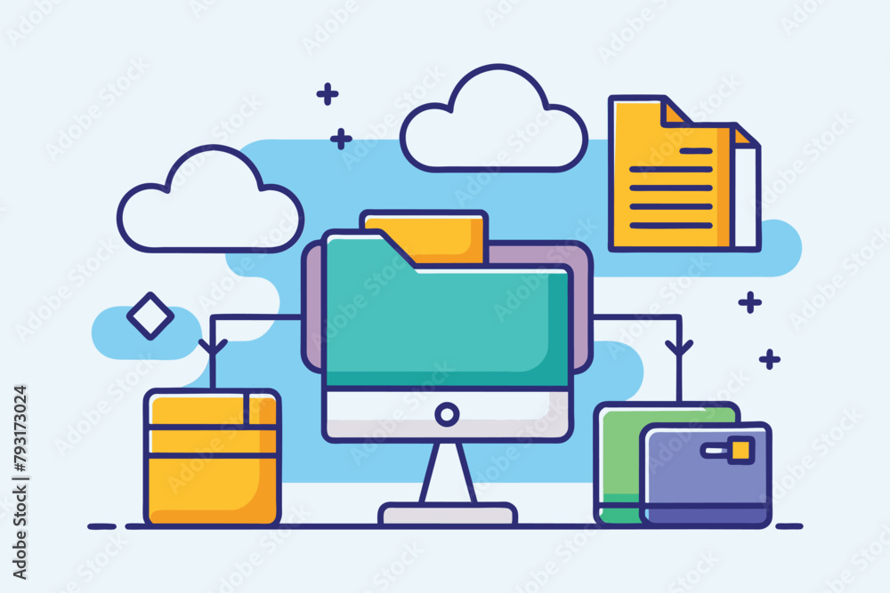 Poster a computer monitor resting on top of a desk in a workspace, folder icon set with computer and cloud,