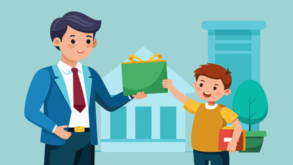 The bank manager presents the child with a special certificate and gift bag filled with goodies as a reward for opening his first savings