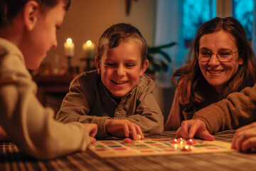Family playing board game at home. Children and parents play a strategy game together. Brothers and sisters are connected. Educational toys. Friends enjoying game night. Family day, family game night