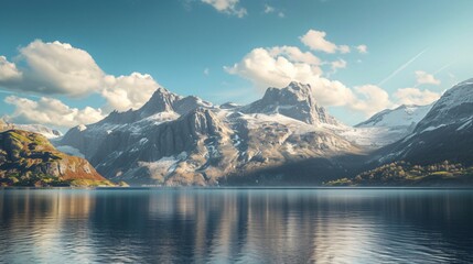 Fototapeta premium Beautiful natural landscape with high mountains, blue sky and river