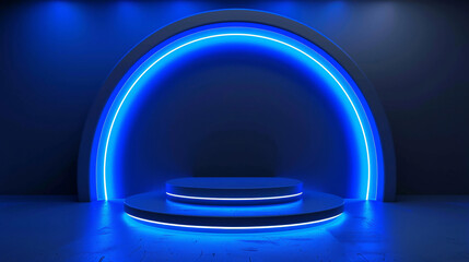 Blue neon lights on round podium in dark room. 3D rendering. AI.
