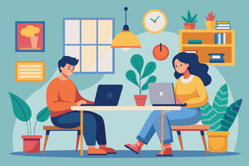 A man and woman are sitting at a table, focused on working on a laptop together, freelancers do assignments at home, Simple and minimalist flat Vector Illustration