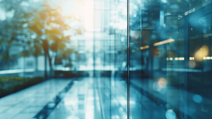 Ðbstract blurred background of modern office building with glass wall and windows. AI.