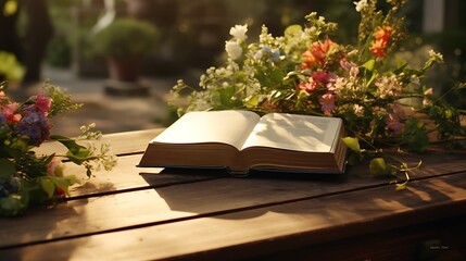 A book lying open on a table in the midst of a tranquil garden, its words intertwining with the fragrance of flowers and the chirping of birds - obrazy, fototapety, plakaty