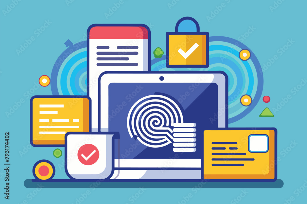 Poster a tablet screen displaying a fingerprint for security verification, gadget security with fingerprint