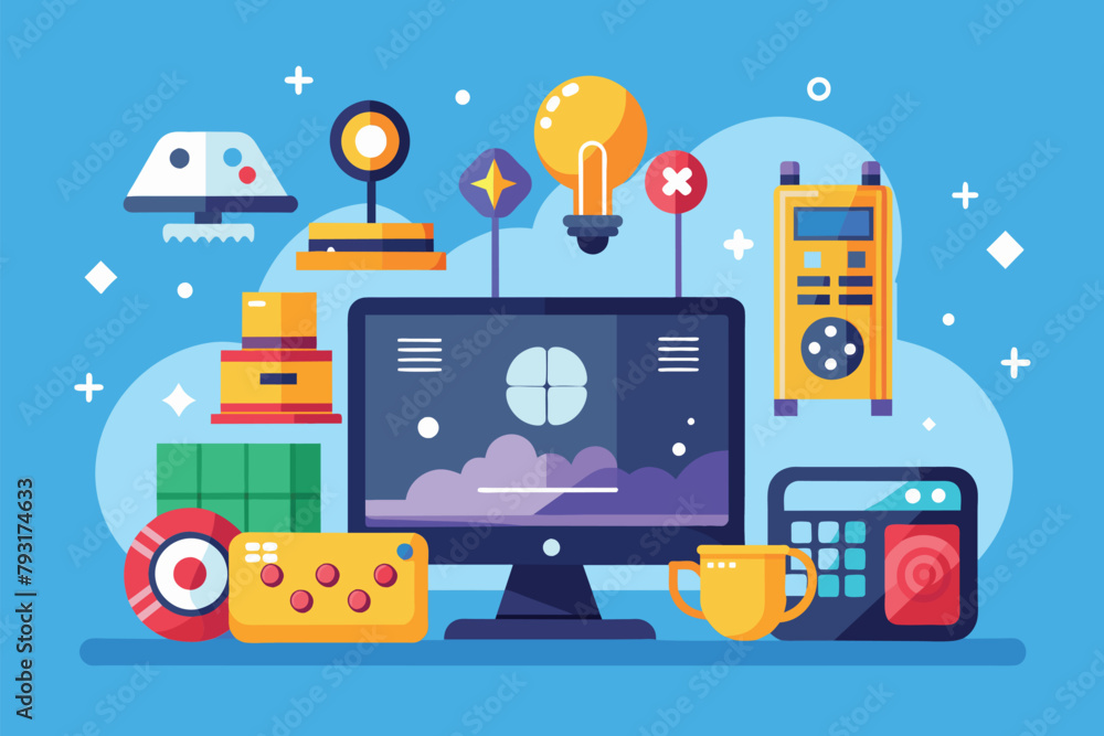 Aufkleber computer screen surrounded by various items, game development, game programming technology, simple a