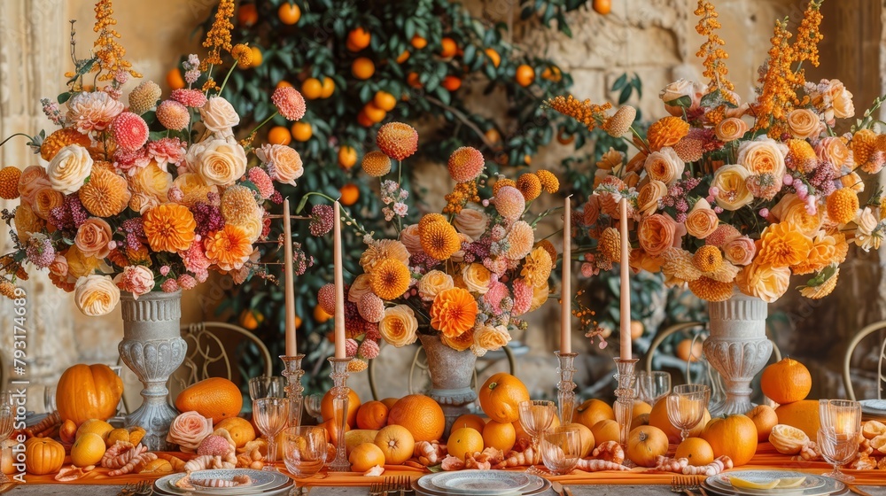 Poster a dining table laden with an array of oranges and vases brimming with flowers