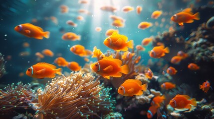 Underwater fishes on a coral reef in a tropical sea aquarium. Environmental panorama colors underwater nature landscapes snorkel diving panorama aquarium oceanarium. - obrazy, fototapety, plakaty