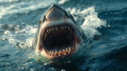 From beneath, a shark swims underwater, its mouth open, its teeth out, and it is surrounded by blue sea waves.