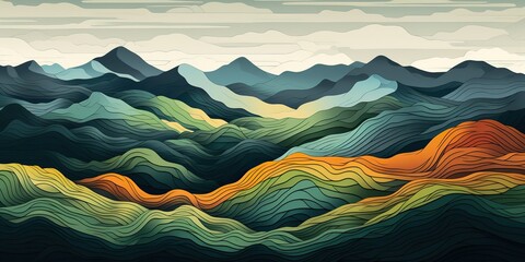 Obraz premium Lino cut of mountains and green fields in the style of colorful layered form. Nature outdoor landscape background scene