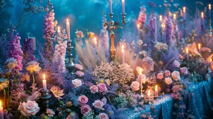   A table adorned with a profusion of purple and pink blooms sits next to tall candelabras, each brimming with lit candles - obrazy, fototapety, plakaty