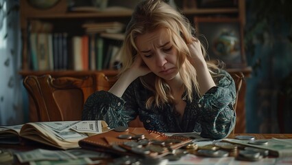 A white blonde girl appears stressed with money on a table, worried about financial troubles or budgeting. - obrazy, fototapety, plakaty