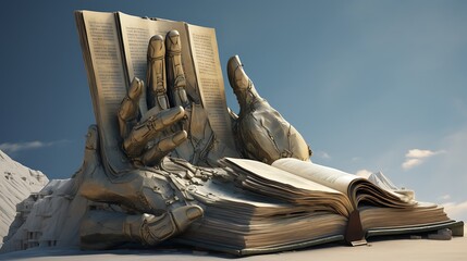 A book resting on the outstretched palm of a colossal statue, its weathered pages holding the secrets of a forgotten civilization - obrazy, fototapety, plakaty